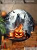 Halloween Ghost Black Cat Pumpkin Round Wooden Hanging Sign, 2D Flat Printed Front Door Decor, Full Moon Bat Cemetery Wall Ornament Gift