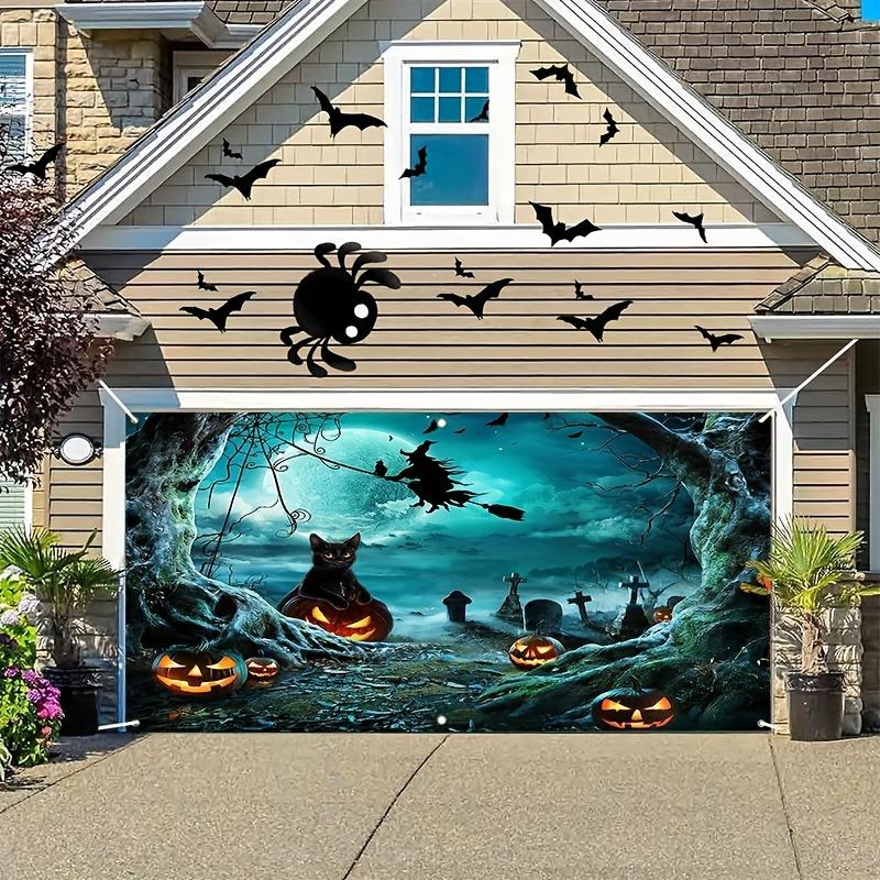 A Halloween garage door polyester banner decoration with a witch and ghost theme a festive party wall decoration