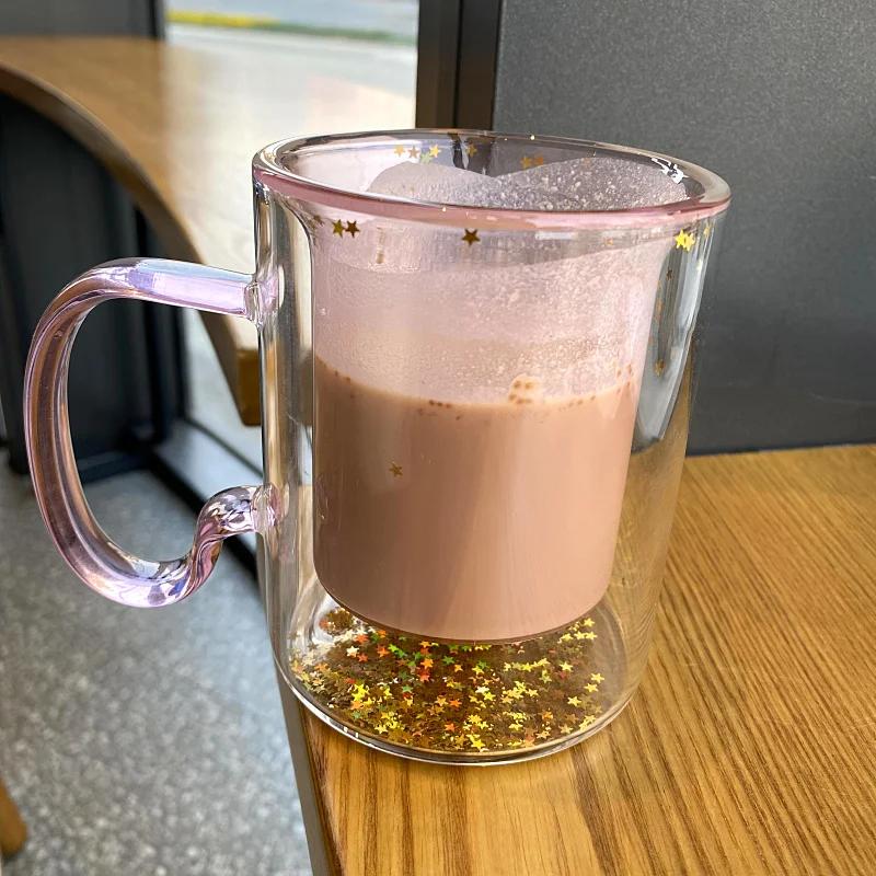 Girl Heart Quicksand Double Glass Mug Sparkling Bubble Ball Heat Resistant Anti-scald Handle Cup Couple Girlfriend Small Gift