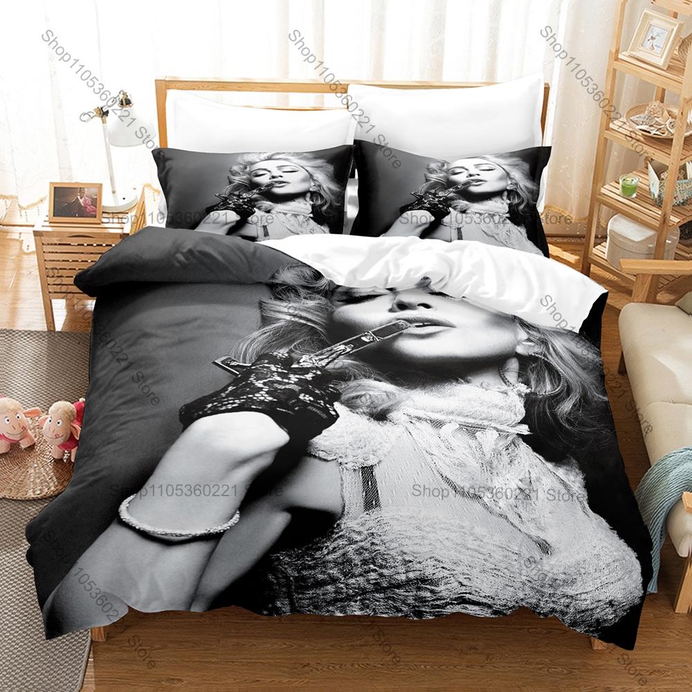 Madonna Duvet Cover + 2 Pillowcases, Queen of Pop Music Icon Print Bedding Set Soft Fabric Home Decor for Music Fans