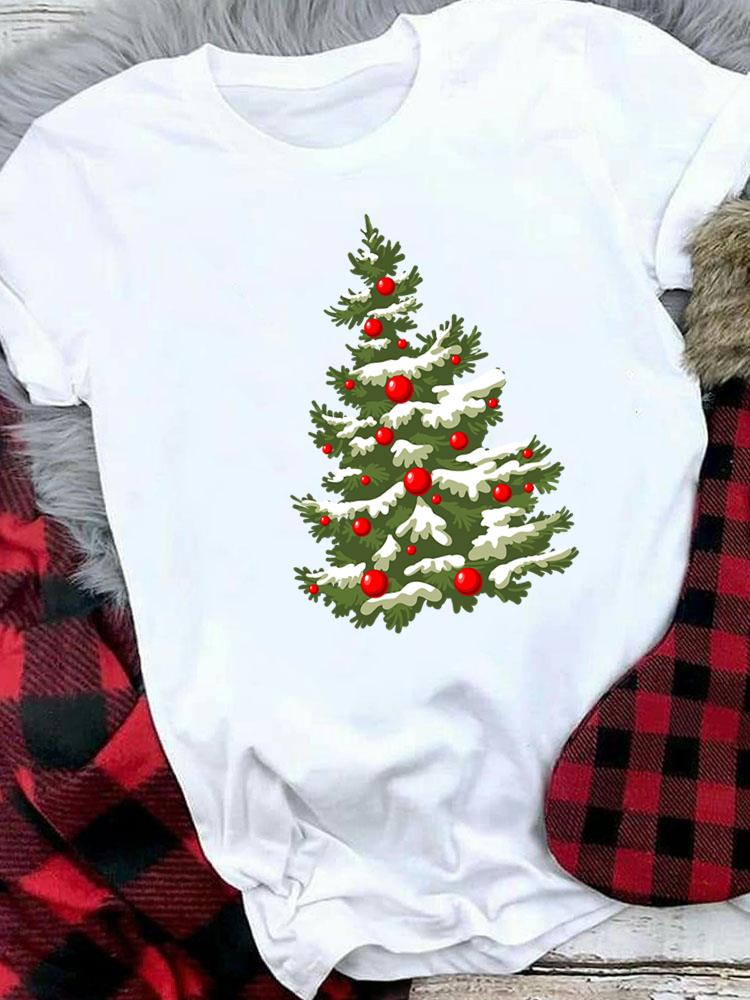 (Asian Size) Plaid Tree Style Cute Merry Christmas Tee Top Festival   New Year Holiday Casual  Lady Short Sleeve Fashion Women Print Graphic T-shirts