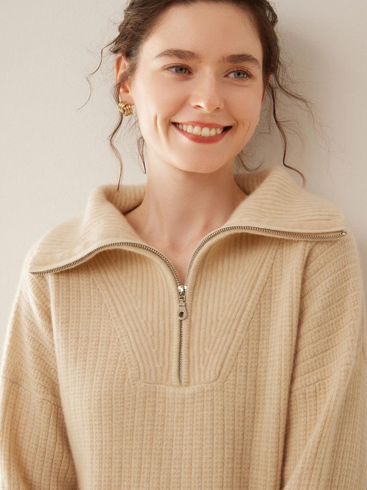 Women's High Neck Pure Cashmere Sweater, Half Zip, Loose Fit, Thickened Knit for Autumn/Winter Fashion.
