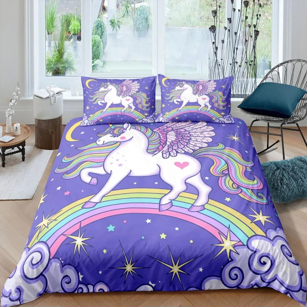3D Colorful Unicorn Duvet Cover with Pillow Cover Bedding Set Single Double Twin Full Queen King Size Bed Set for Bedroom Decor