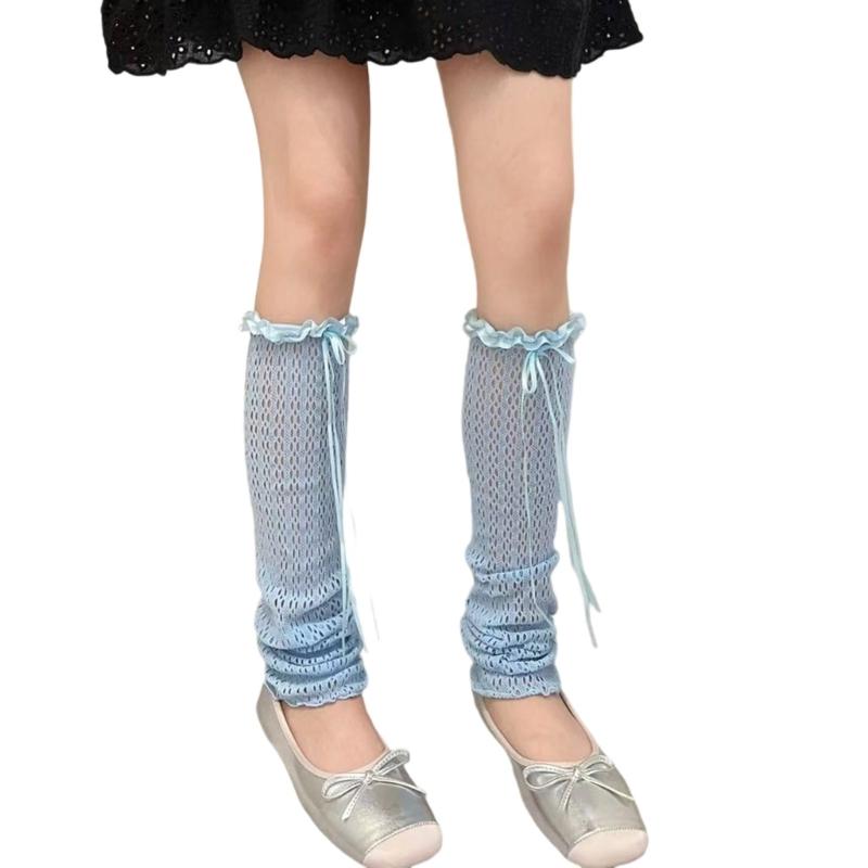 Hollowout Fishnet Lace Leg Warmers Arm Sleeves for Women Aesthetic Sheer Mesh Leg Covers with Ruffle Trim and Bowknot