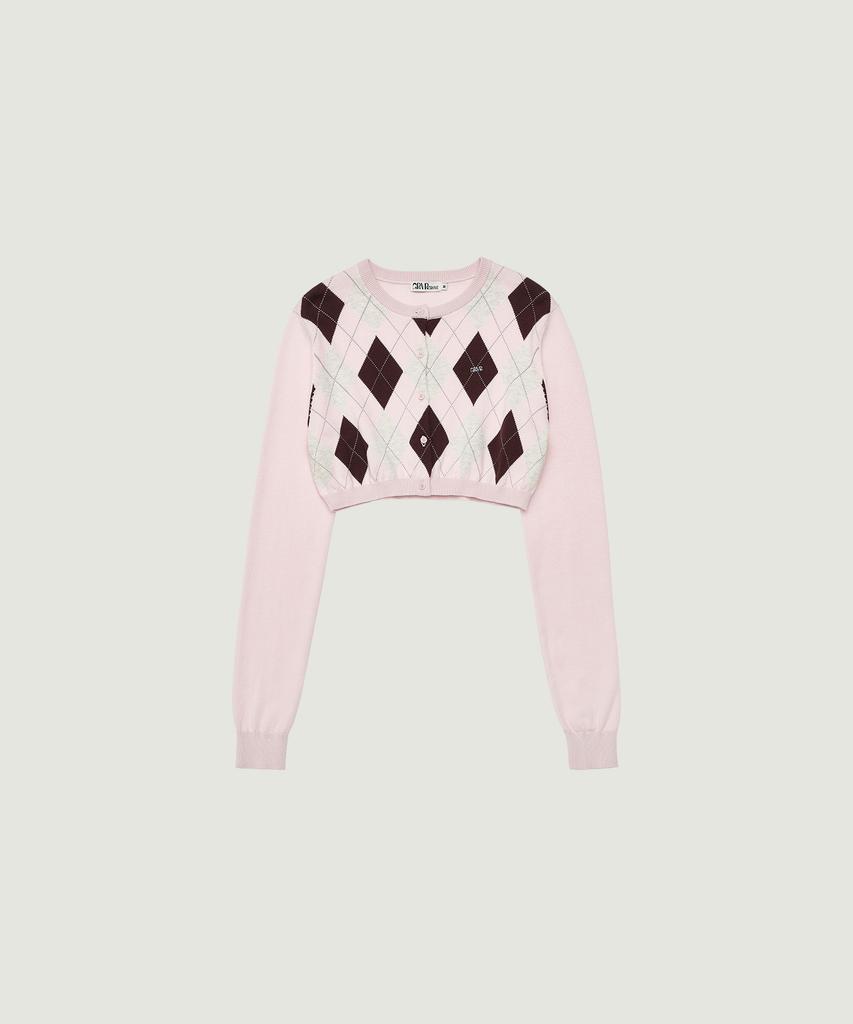 GROVE Veni Argyle Crop Cardigan (Pink)