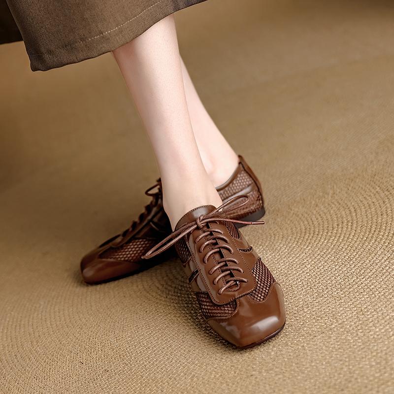 Fashion 2025 New Autumn Genuine Leather Woman Shoes Square Toe Women Flats Lace Up Loafers Flat with Flat Ladies Shoes