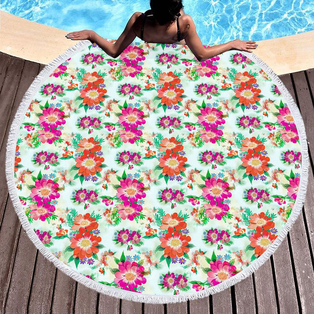 Botanical Floral Round Beach Towel Boho Flower Farmhouse Beach Blanket Pool Towels For Picnic Soft Sand Free Absorbent Yoga Mat