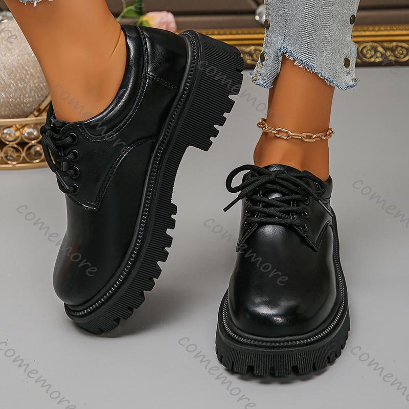 Fashion Comemore Women's Platform Shoes Fashion Black PU Leather Lace Up Office Work Pumps Woman Round Toe Chunky Heel Dress Loafers
