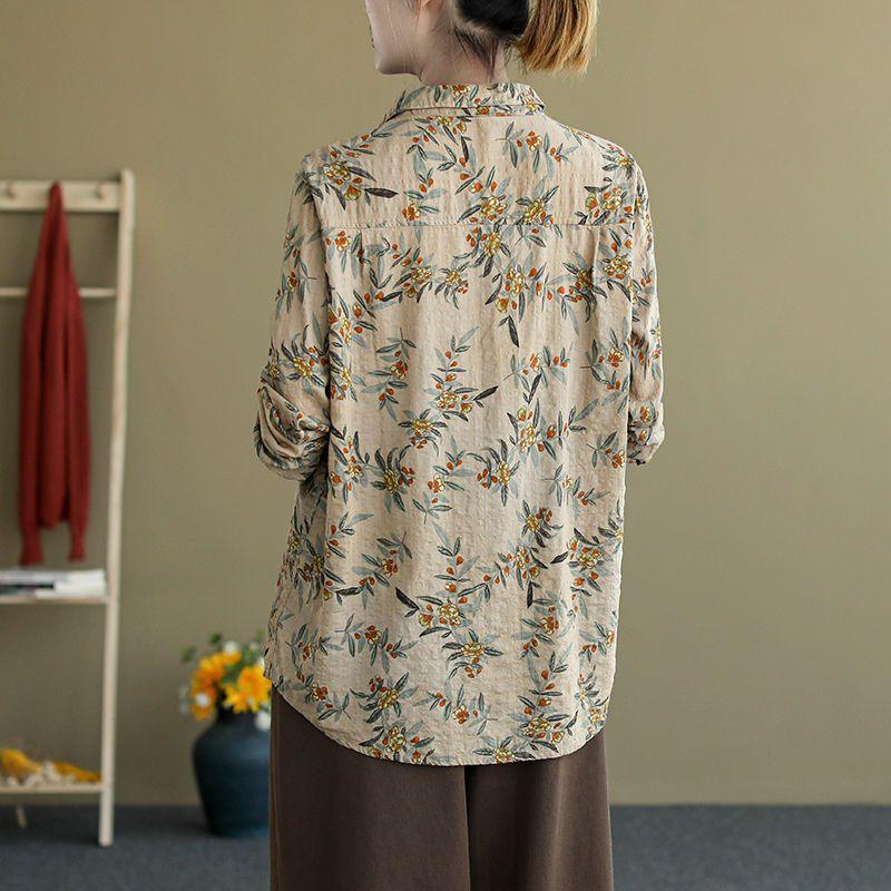 Retro Fashion Classic Korean Straight Loose Thin Printing Turn-down Collar Button Autumn Winter Women's Blouses