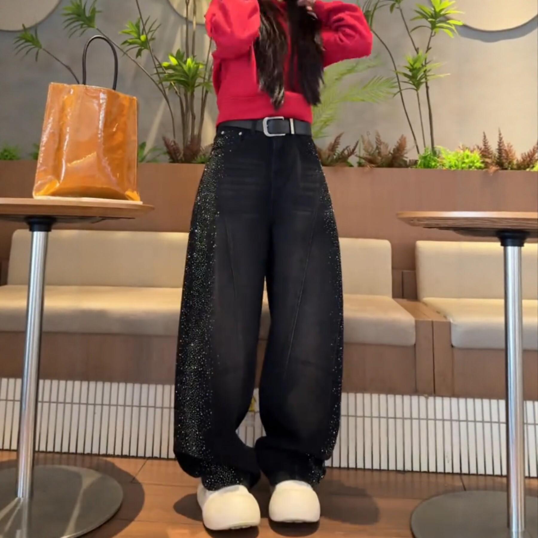 Women s Plus Size Black Starry Denim Wide-Leg Pants, Spring 2026 3XL