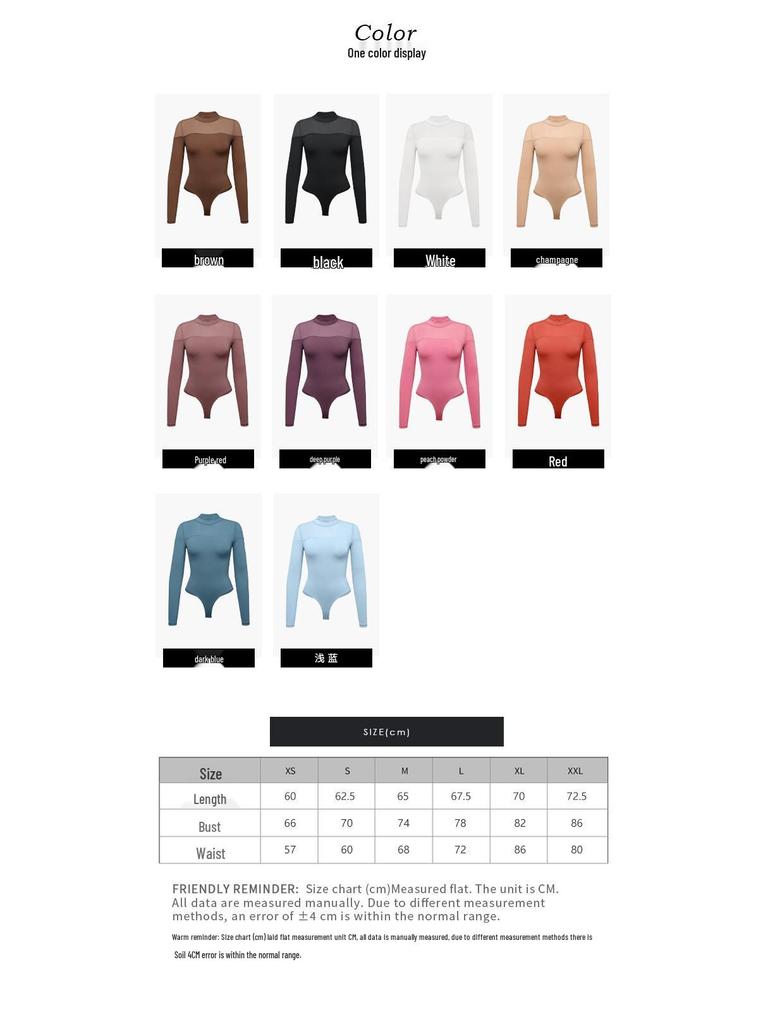 Sexy Mesh Patchwork Slim-Fit Bodysuit with High Neck and Long Sleeves