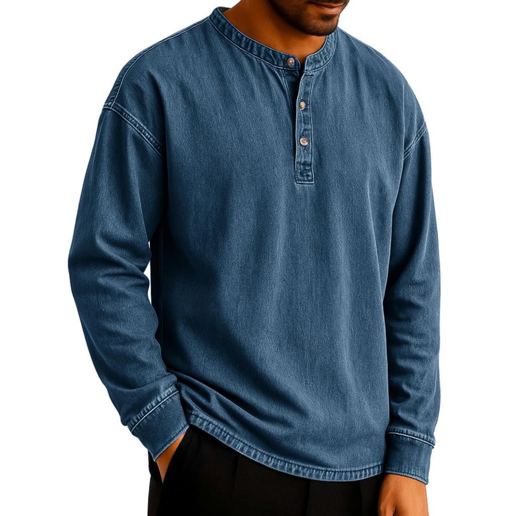Men's Solid-color Casual Washable Retro Round-neck Slim Long-sleeved Top