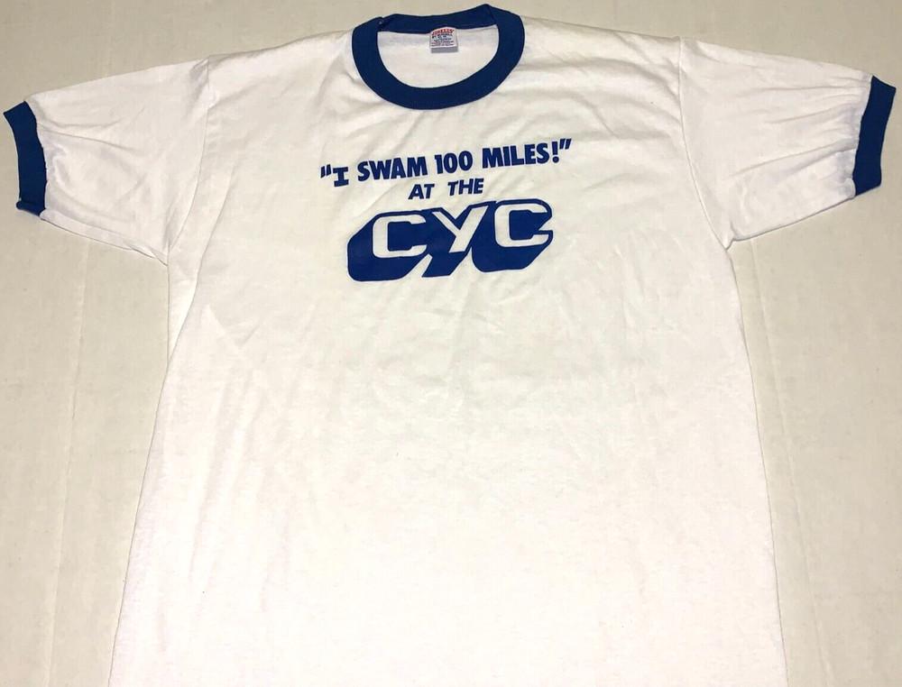 

Rare! 1980s Swam 100 Miles At CYC Catholic Youth Council Ringer T-Shirt New! MED Unisex T-Shirt XXL