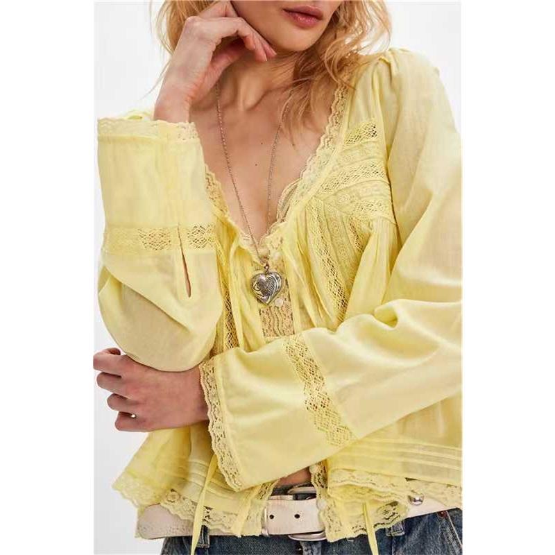 

Французская блузка Niche, осенняя кружевная рубашка, U-образный кружевной воротник, рубашка с длинными рукавами, легкая и уникальная красивая маленькая рубашка S жёлтый
