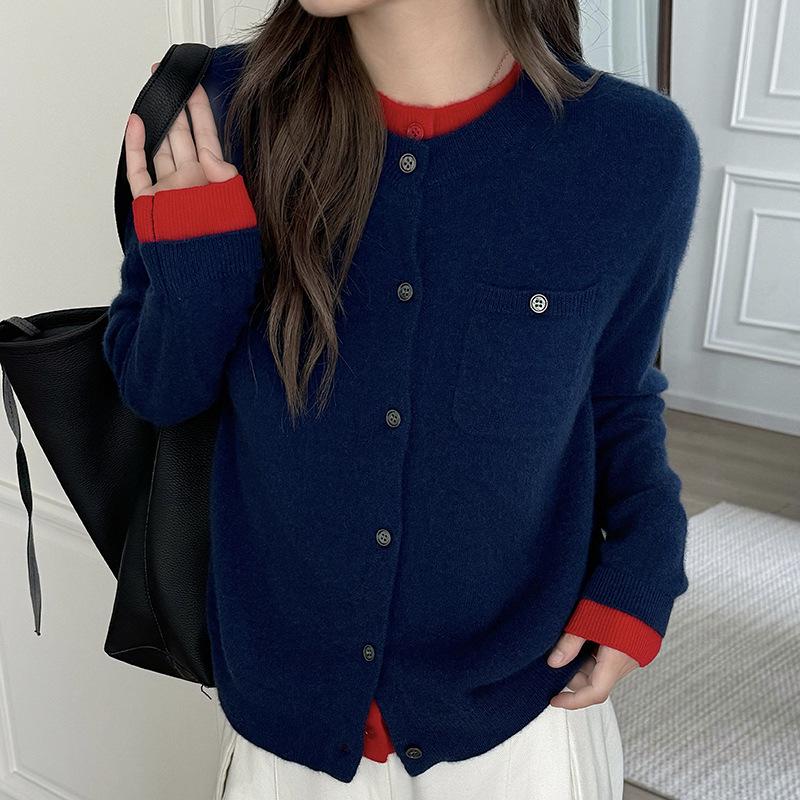 Women's College Style Wool Cardigan - Round Neck, Color Block, Fake Two-Piece Design for Autumn/Winter.