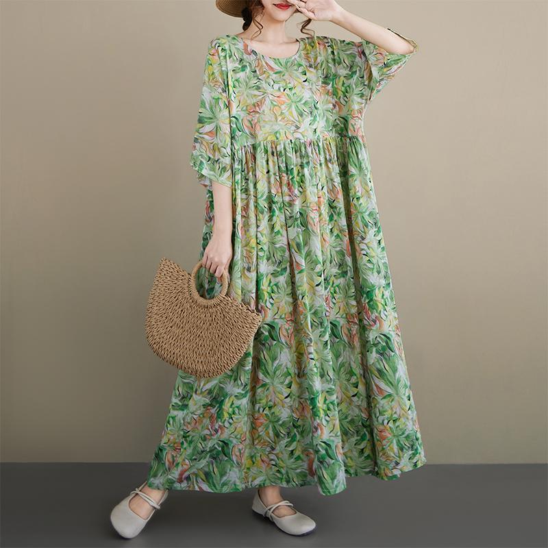 DIMANAF New 2026 Summer Beach Women Plus Size Lady Long Dress Loose Oversize Vintage Maxi Floral Print Cotton