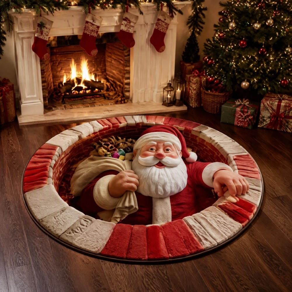 Non-Slip Round Vortex Carpet Santa Claus Christmas Doormat 3D Illusion Rug  Christmas