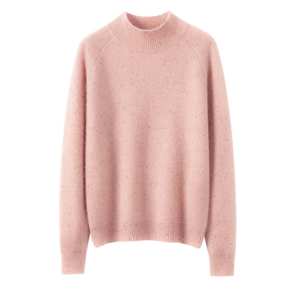 Women's Half-High Neck Cashmere Sweater - Raglan Sleeve, Colored Dot Yarn, Fashionable & Versatile for Autumn/Winter.