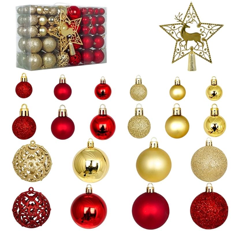 Plastic Christmas Tree Bauble Set, 101-Count Assortment with Mixed Finishes, Varied Ball Styles, and Cutout Star Toppers