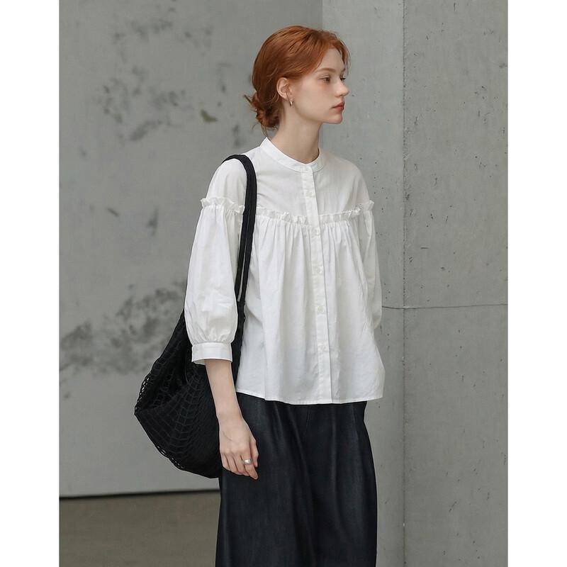 Demana Women's French Pleated Bubble Sleeve Cotton Blouse