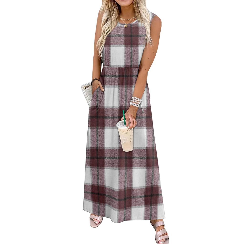 Ladies' Plaid Printed Casual and Fashionable Waist Cinched Sleeveless Dress