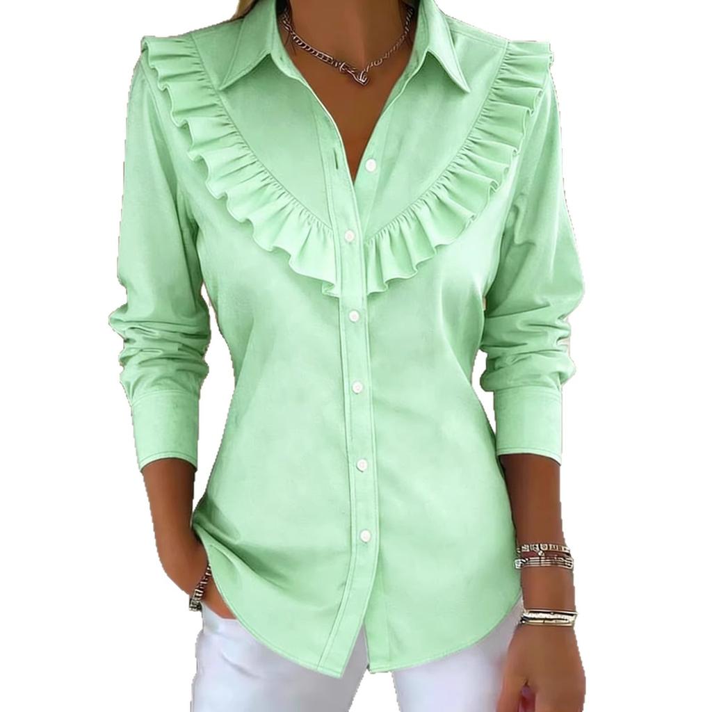 European and American Spring Women's Solid Color Shirt Collar Long Sleeve Casual Loose Ruffle Edge Cotton and Linen Top