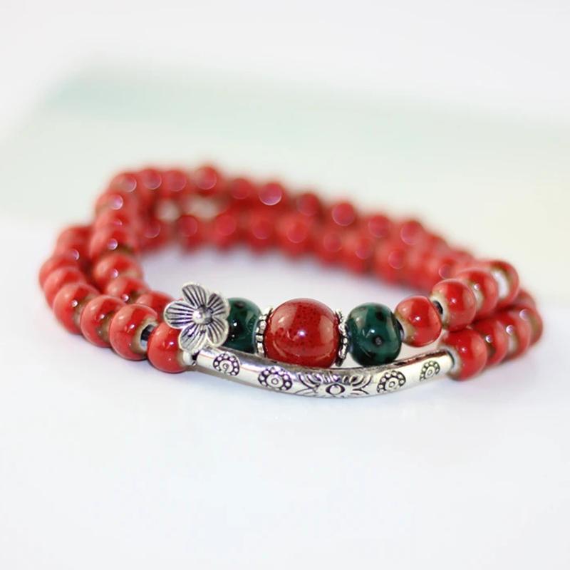

Многоцветный браслет из натуральных камней на эластичной основе со старинными серебряными трубками, ретро-браслет с полудрагоценными бусинами, браслет с ручной работы цветочным шармом, ювелирные изделия