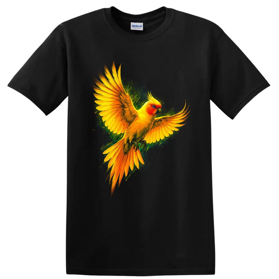 Sun Conure Parrot T Shirt Dynamic Tropical Bird Flight Art Colorful Tee Wildlife