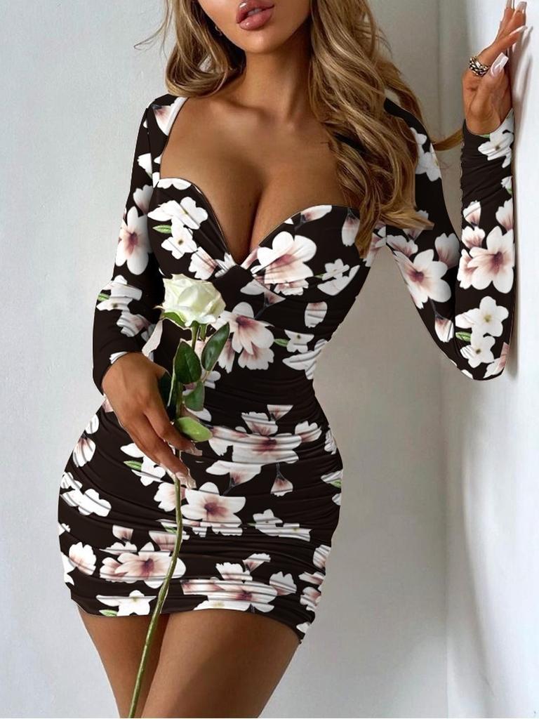 Autumn New Women's Fashion Long Sleeve Crew Neck Sexy Low-Cut Slim Fit Bodycon Printed Dress for Women