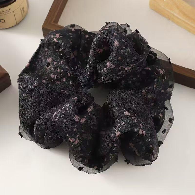 

Винтажная резинка-скранчи в горошек с черным цветком, шикарная повязка на голову, держатель для хвостика, двухслойная роза, аксессуар для волос, головной убор