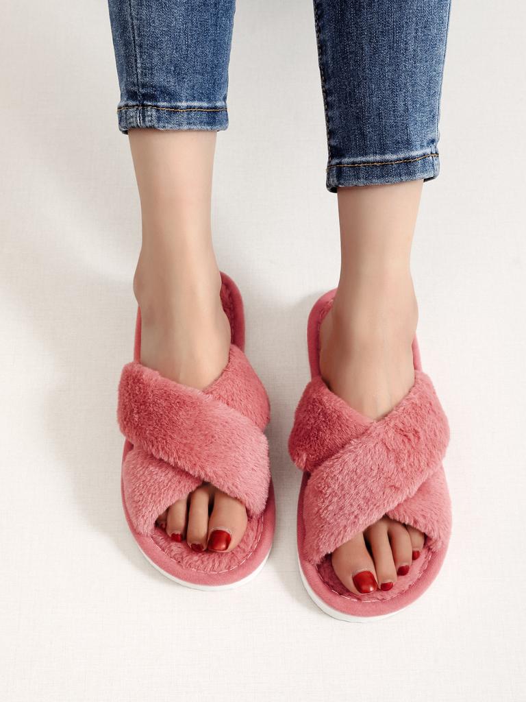 Crossed Plush Slippers Autumn and Winter Four Seasons Indoor New Warm Leak Toe Fluffy Slippers