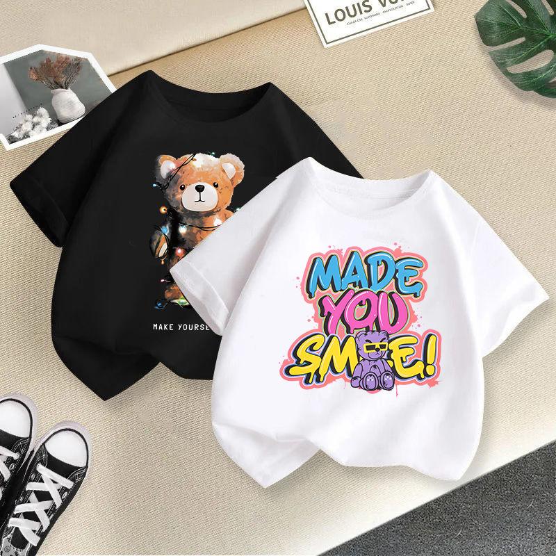 Summer Clothes for Boys and Girls, Short Sleeved T-shirts, Summer New Styles, Teddy Bear Printed Girls' Tops, Children's Clothing Trend