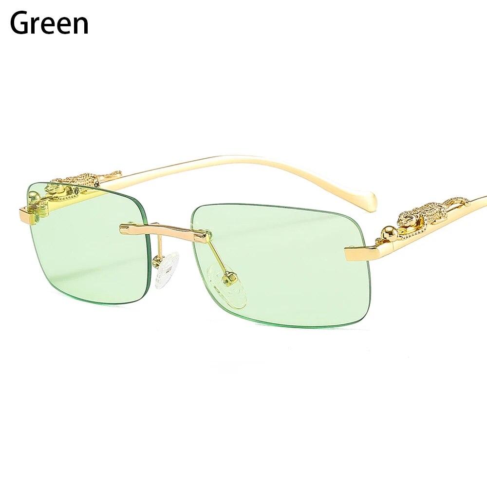 Rimless Rectangle Sunglasses Retro Clear Ocean Lens Sun Glasses Cheetah Decoration Shades UV400 Eyewear for Women Men