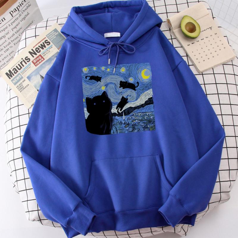 

The Starry Cat Night Printing Hoodies Men Autumn Oversize Hoodie Fashion Fleece Sweatshirts Casual Pullover Tops