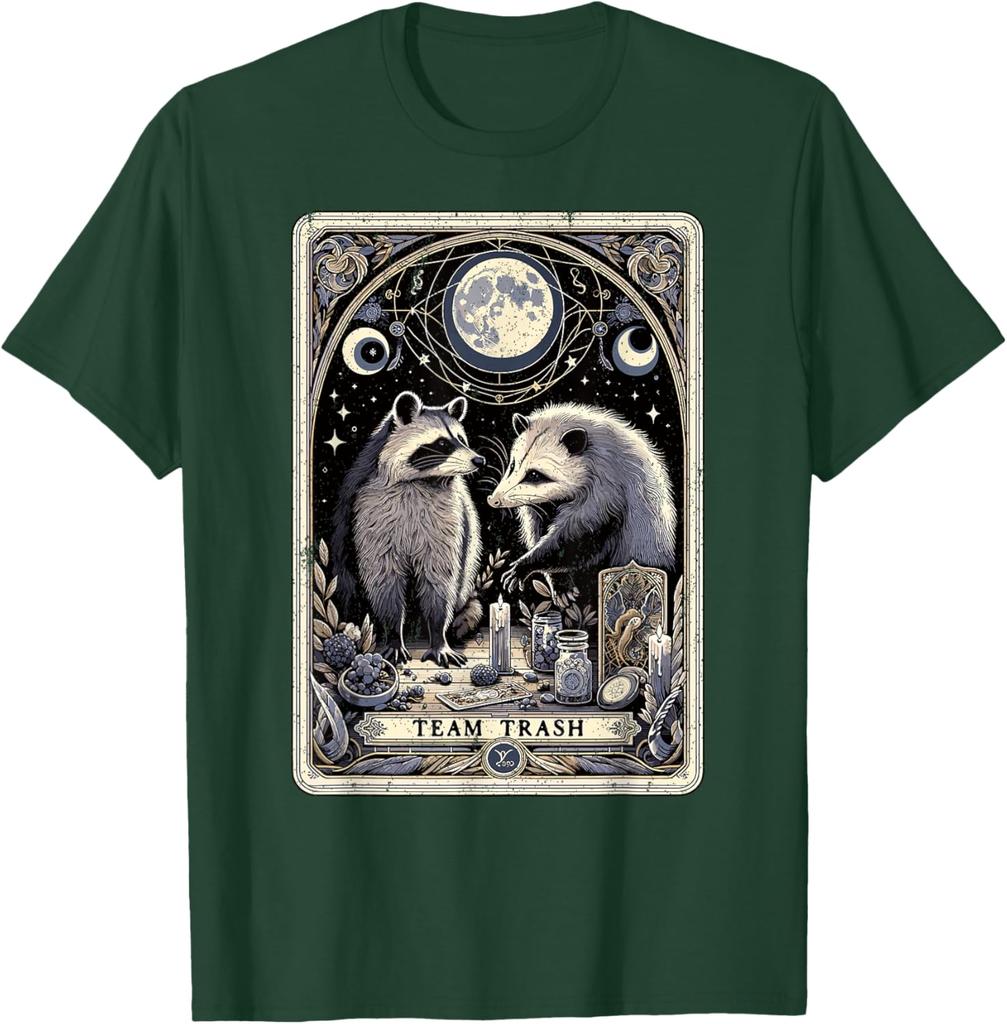 Team Trash Raccoon Opossum Tarot Card Graphic Print Cotton Short Sleeve T-Shirt Casual Trip