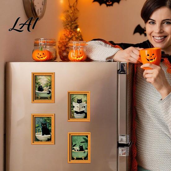 Retro Wood Picture Frame Magnets Black Cat Wooden Refrigerator Magnet Halloween Theme Decorative Cute Pumpkin Magnet Set Magnetic Decal for Kitchen