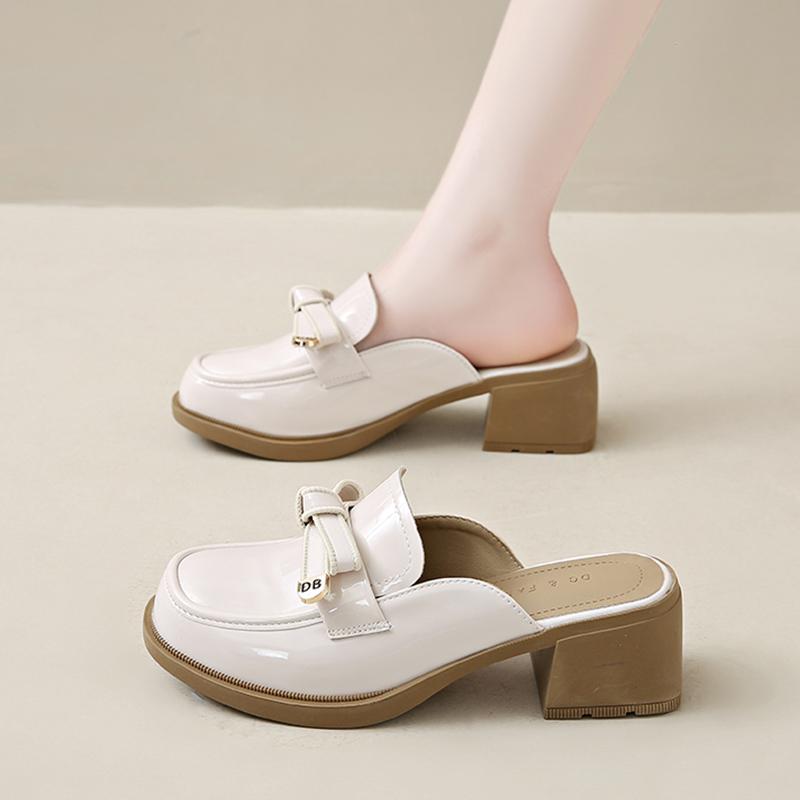 Fashion CRLAYDK Summer Mules Heels for Women Chunky Slip On Closed Round Toe Slides Backless Leather Bow Office Lady Dress Shoes