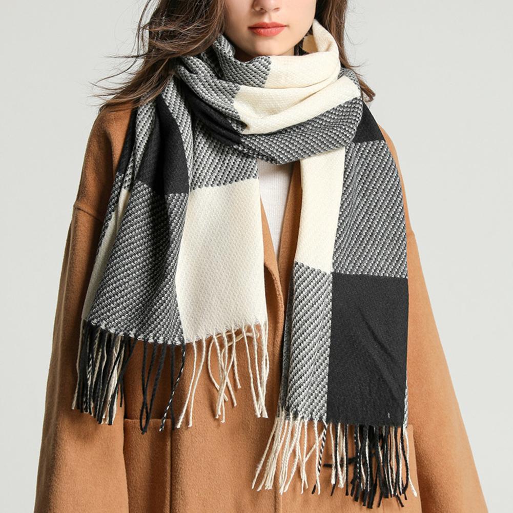 Colorblocking Fringe Soft Scarf Casual Polyester Faux Cashmeres Hundred Tassel Scarf Winter Warm Plaid Scarf Multiple Uses Shawl