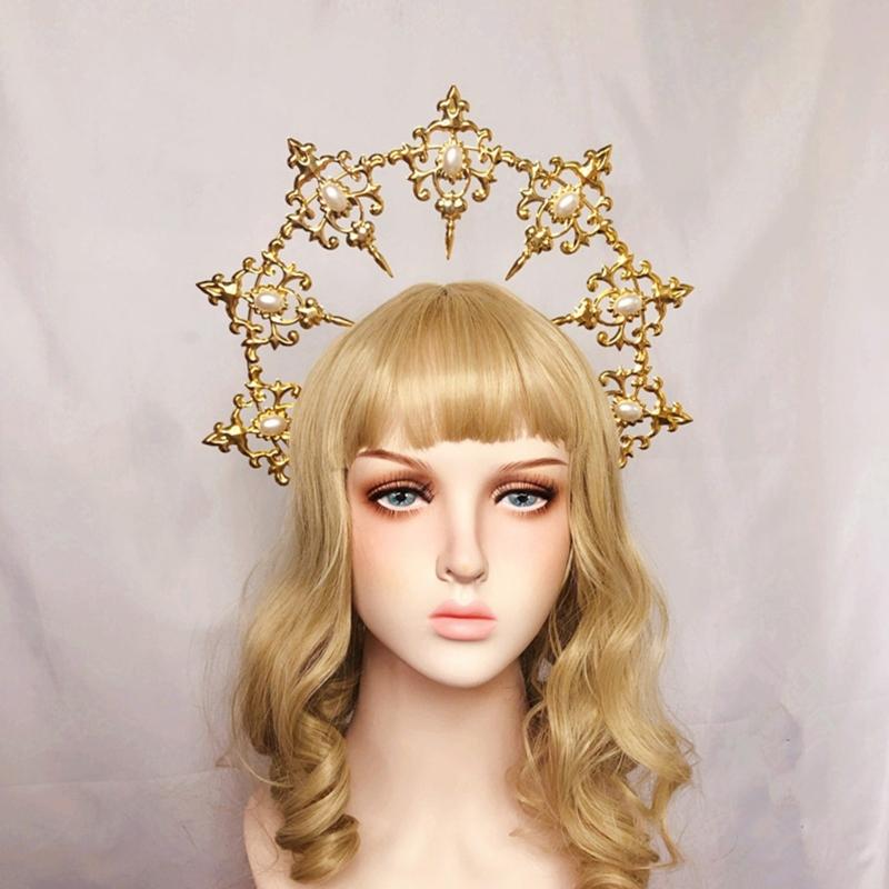 Womens Mary Halos Crowns Headband Spiked Gold Tiara Hair Accessories Goddess Headpiece Headdress for Cosplay