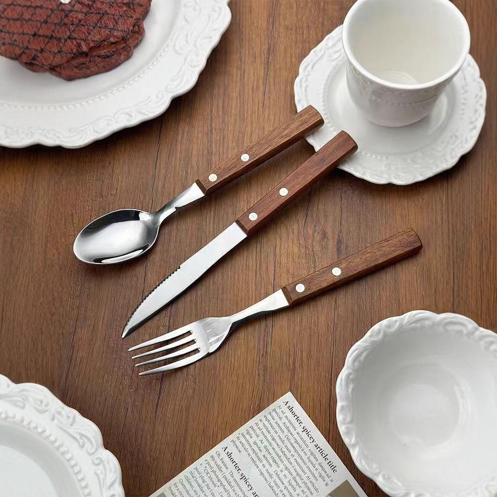 Rosewood Handle 304 Stainless Steel Cutlery Set: Knife, Fork, Spoon, Tea Spoon, and Steak Knife.