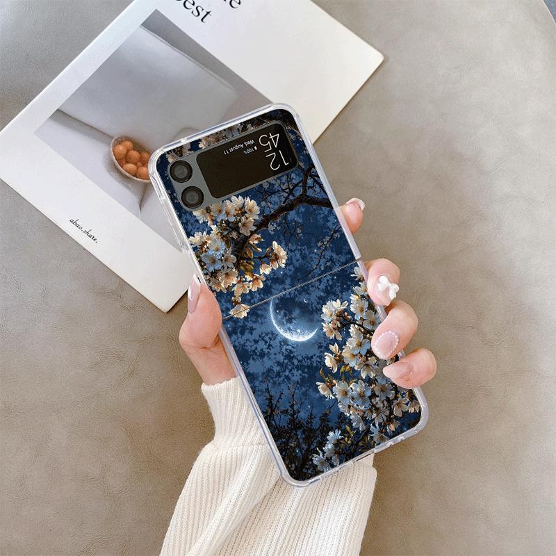Moon Cherry Blossom Pattern Scenery Clear Phone Case for Samsung Galaxy Z Flip 7 Flip 6 5 4 3 5G Folding Cover for Z Flip7 Flip5
