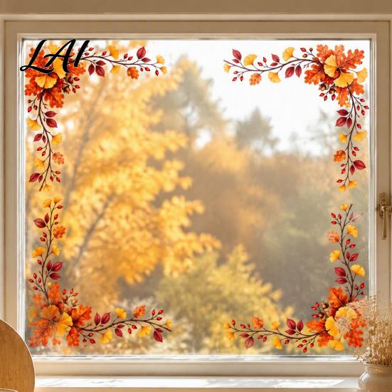 Fall Shop Window Display Harvest Festival Static Glass Sticker Autumn Clings with Maple Leaves Sunflowers And Home Ornaments Berries Prints Reusable