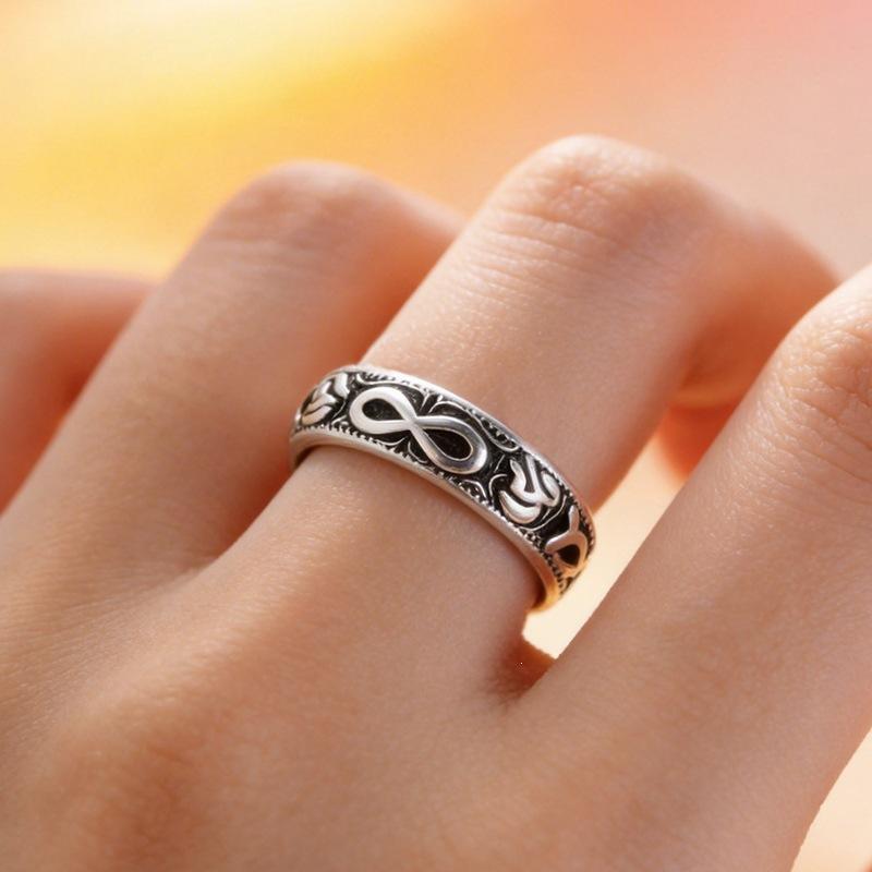 Retro Personalized Ins Hip Hop Versatile 925 Sterling Silver Jewelry Vintage Symbol Six Word Mantra Opening Rings 02891