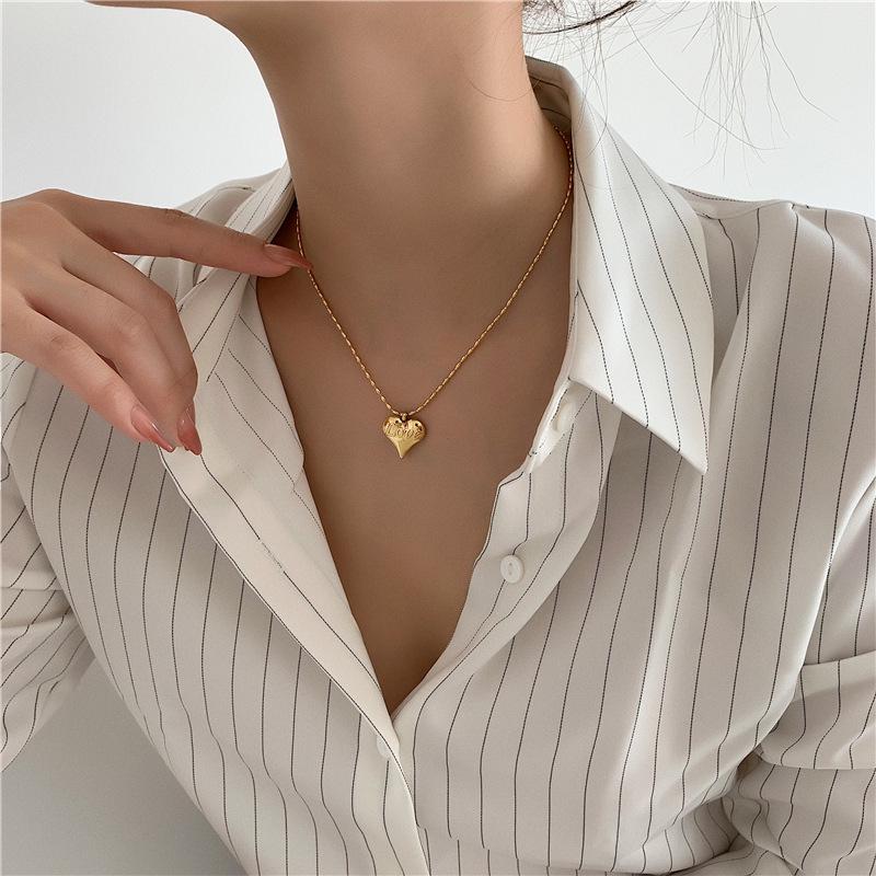 Gold 3D Heart LOVE Titanium Steel Necklace - Trendy Retro European & American Fashion for Women