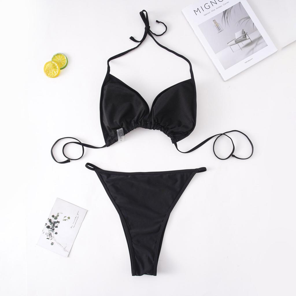 Plus Size Two Piece Swimsuit Women Solid Color Backless Bikini Set Adjustable Straps High Cut Bottom Beachwear Swimwear