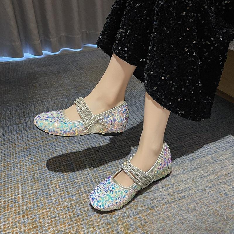 Fall New Sequin Mary Jane Shoes Women's Round Toe Bow One Strap Soft Sole Non-slip Inside Heightening Single Shoes