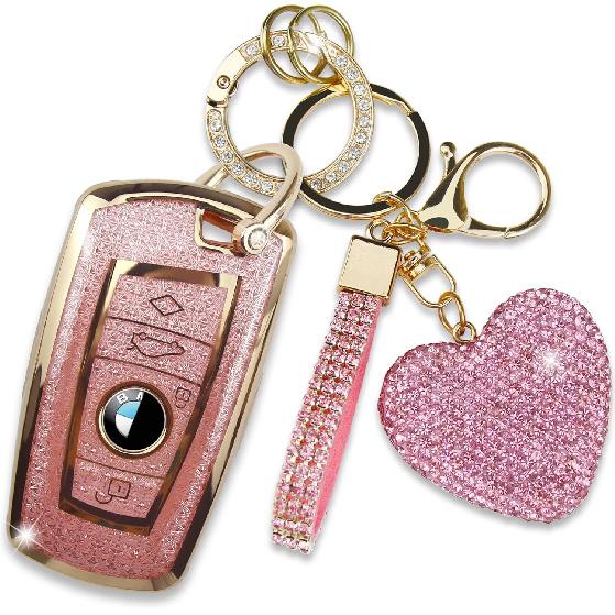 Key Fob Cover with Diamond Keychain, Car Key Shell for Women, Compatible with BMW X1 X3 X4 X5 X6 1 2 4 5 6 7 M3 M5 M6 GT3 GT5 G30 F10 F15 F16 F20