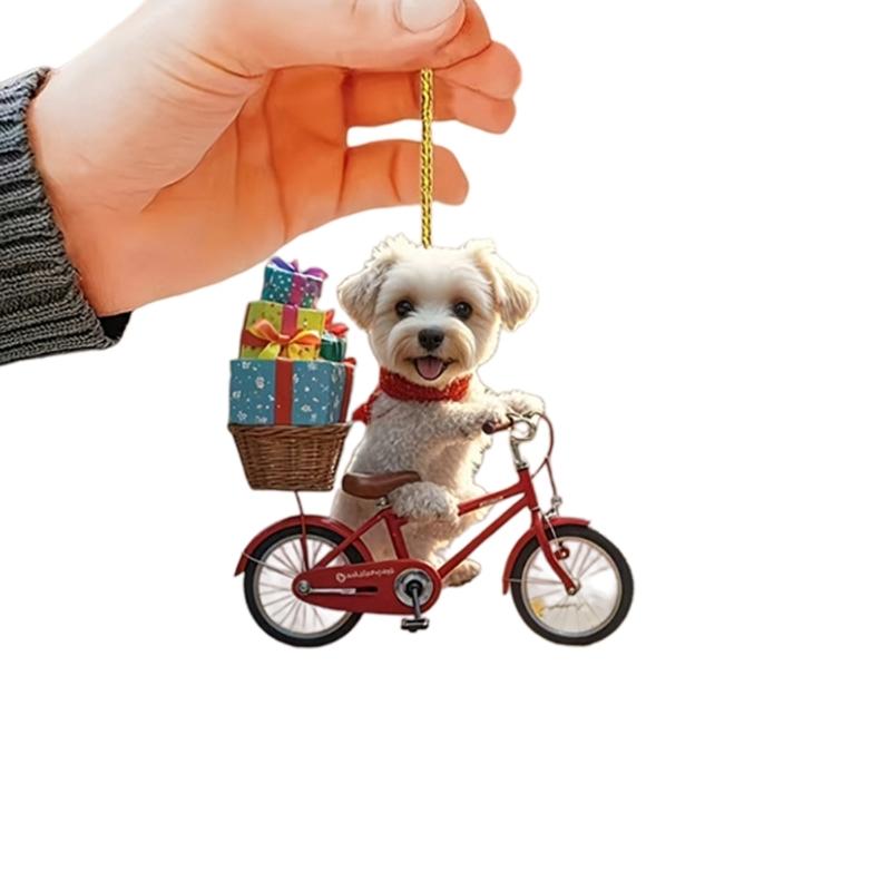 Acrylic Car Mirror Hanging Ornament, Dog Cycle Christmas Accent with Cord for Holiday Vehicle Use and Display Trim