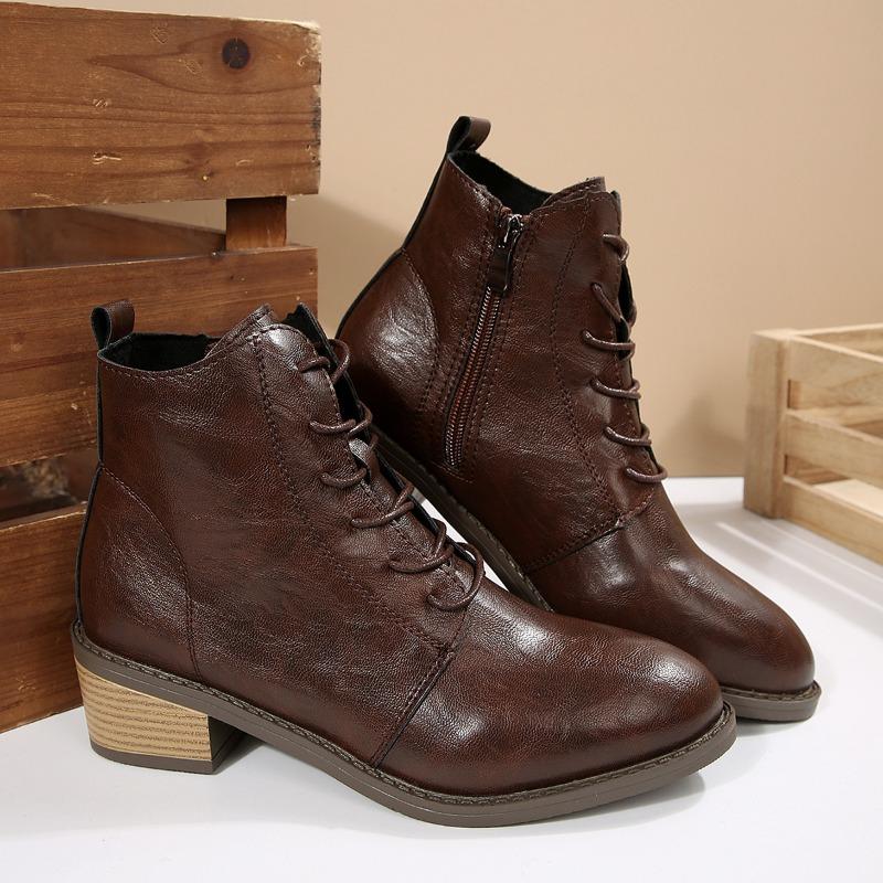 Retro 2026 Autumn and Winter New Products Low Heel Lace-up Women's Booties Full Leather Motorcycle Boots