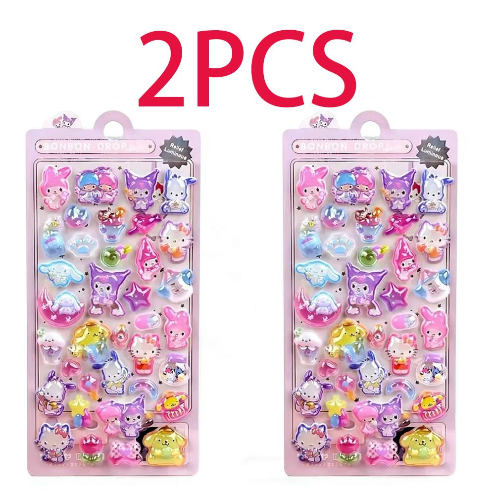 Luminous Cute Sanrio 3D Relief Stickers Kawaii Girls Kuromi Cinnamoroll My Melody Crystal Decals Kids Decoration Sticker Packs